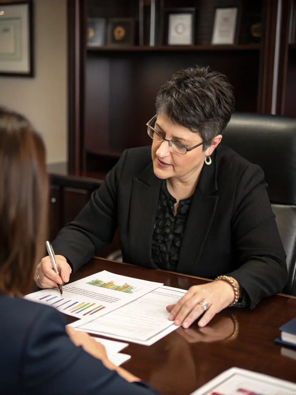 A professional financial advisor is providing a detailed portfolio analysis to a client in a modern office setting, emphasizing personalized service.